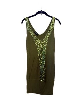 Y2K Bebe Sleeveless Olive Green Sequin V-Neck Dress/Tunic